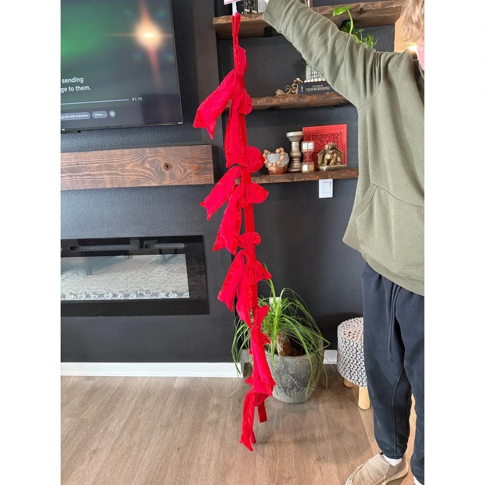 New LOT Christmas Red Velvet Bow Garland 6ft Holiday Decor Mantel Christmas
